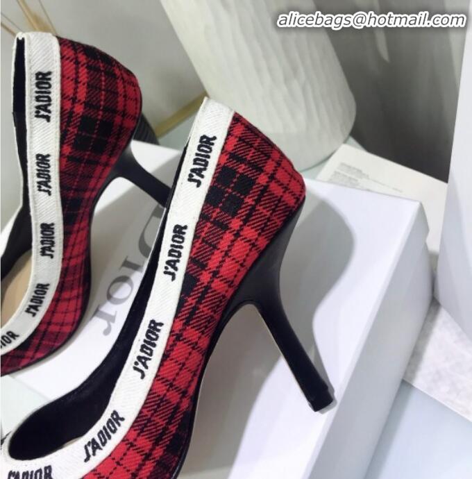 Top Design Dior J'Adior High-Heel Pump in Red Tartan Fabric and Embroidered Ribbon G12219 2020