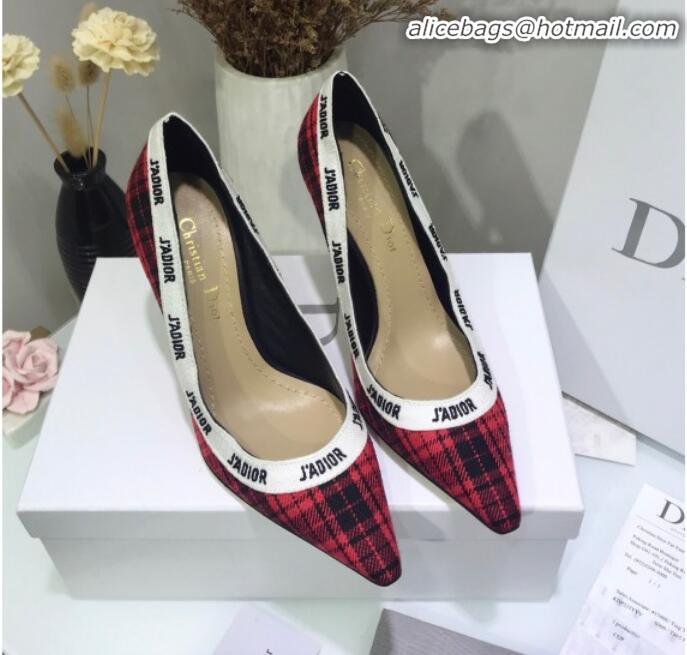 Top Design Dior J'Adior High-Heel Pump in Red Tartan Fabric and Embroidered Ribbon G12219 2020