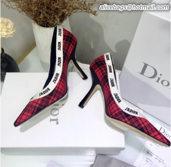 Top Design Dior J'Adior High-Heel Pump in Red Tartan Fabric and Embroidered Ribbon G12219 2020