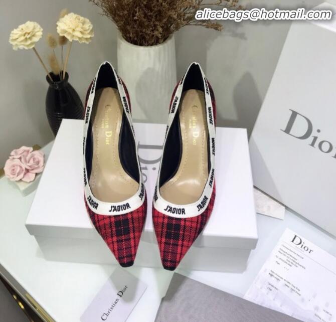 Good Product Dior J'Adior Mid-Heel Pump in Red Tartan Fabric and Embroidered Ribbon G12220 2020