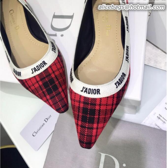 Good Taste Dior J'Adior Flat Pump in Red Tartan Fabric and Embroidered Ribbon G12221 2020