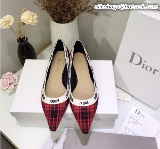 Good Taste Dior J'Adior Flat Pump in Red Tartan Fabric and Embroidered Ribbon G12221 2020