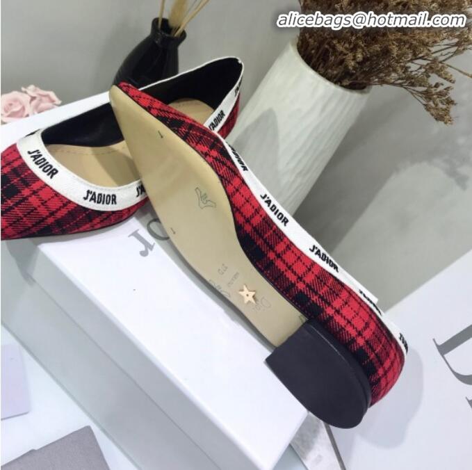 Good Taste Dior J'Adior Flat Pump in Red Tartan Fabric and Embroidered Ribbon G12221 2020