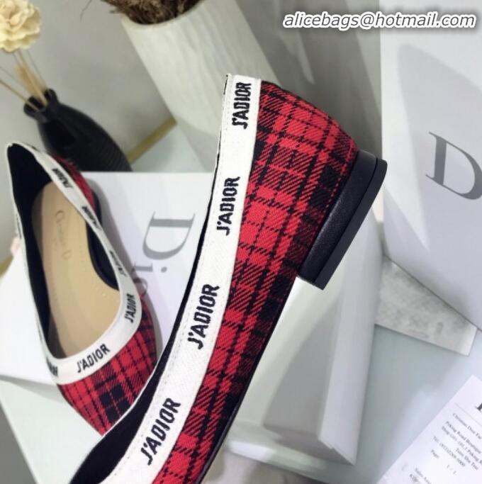 Good Taste Dior J'Adior Flat Pump in Red Tartan Fabric and Embroidered Ribbon G12221 2020