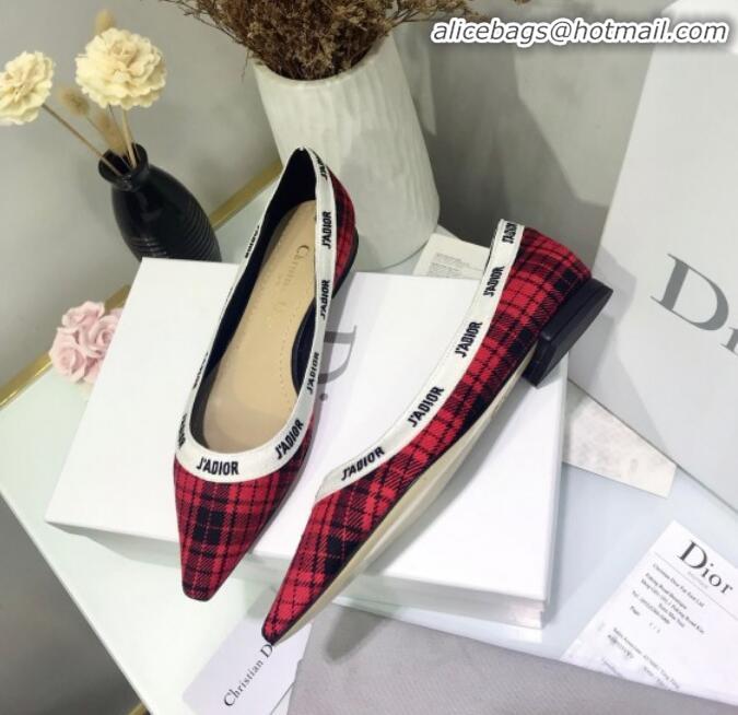 Good Taste Dior J'Adior Flat Pump in Red Tartan Fabric and Embroidered Ribbon G12221 2020