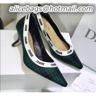 Luxury Dior J'Adior Mid-Heel Pump in Green Tartan Fabric and Embroidered Ribbon G12223 2020