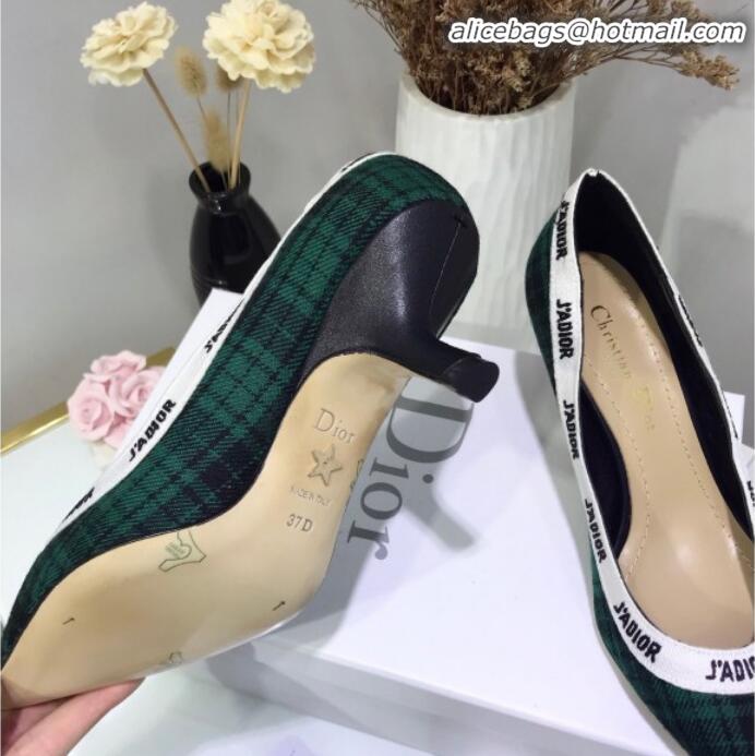 Luxury Dior J'Adior Mid-Heel Pump in Green Tartan Fabric and Embroidered Ribbon G12223 2020