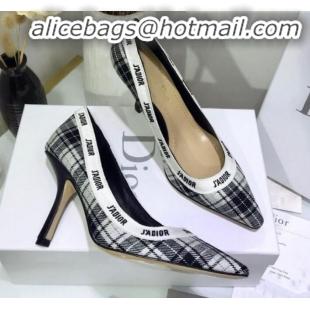 Shop Duplicate Dior J'Adior High-Heel Pump in Grey Tartan Fabric and Embroidered Ribbon G12726 2020