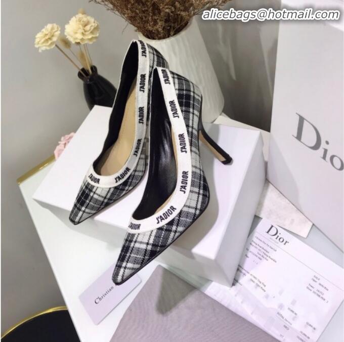 Shop Duplicate Dior J'Adior High-Heel Pump in Grey Tartan Fabric and Embroidered Ribbon G12726 2020