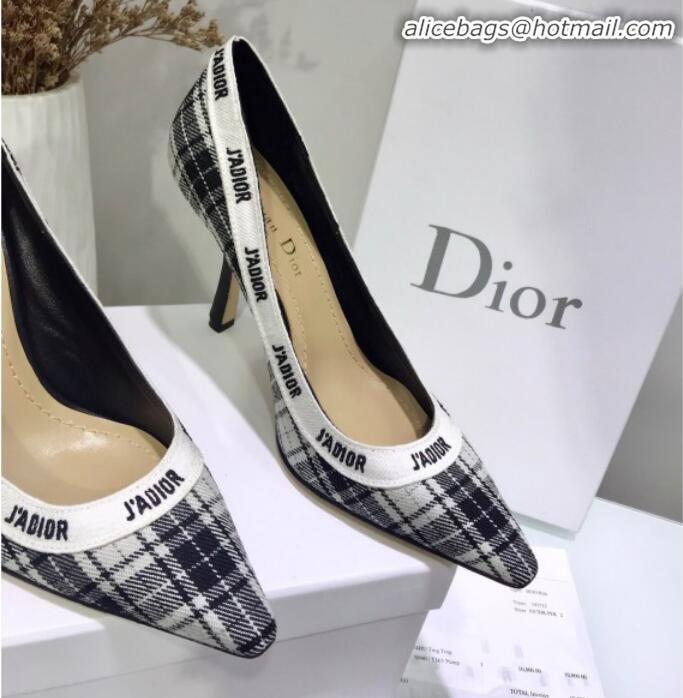 Shop Duplicate Dior J'Adior High-Heel Pump in Grey Tartan Fabric and Embroidered Ribbon G12726 2020