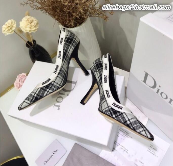 Shop Duplicate Dior J'Adior High-Heel Pump in Grey Tartan Fabric and Embroidered Ribbon G12726 2020