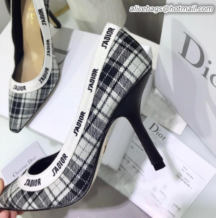 Shop Duplicate Dior J'Adior High-Heel Pump in Grey Tartan Fabric and Embroidered Ribbon G12726 2020