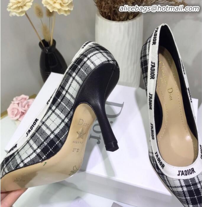 Shop Duplicate Dior J'Adior High-Heel Pump in Grey Tartan Fabric and Embroidered Ribbon G12726 2020