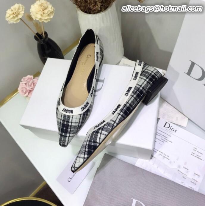 Unique Discount Dior J'Adior Flat Pump in Grey Tartan Fabric and Embroidered Ribbon G12728 2020