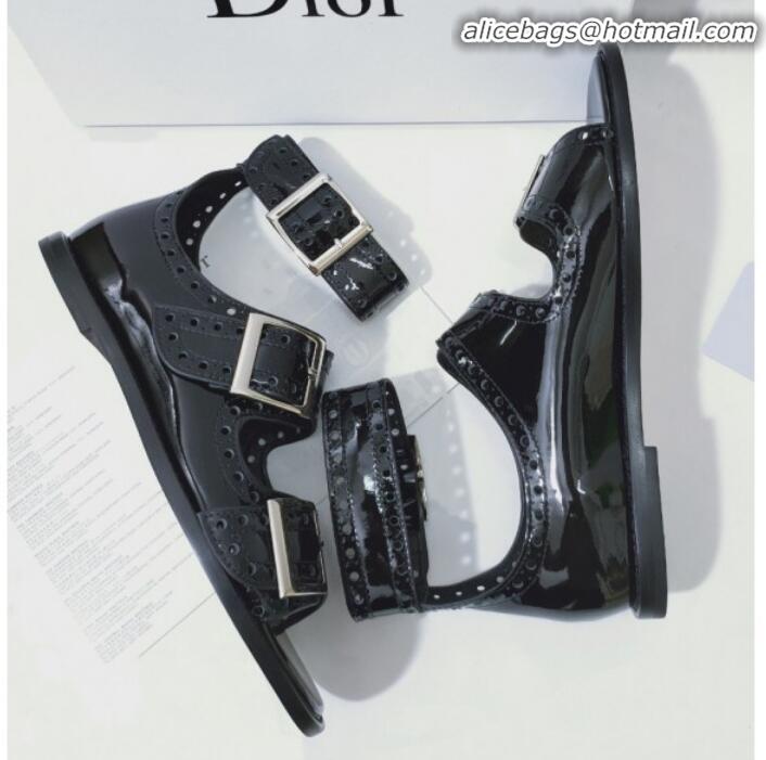 Affordable Price Dior Perforated Leather Buckle Strap Flat Sandals G22343 Black