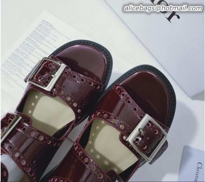 Best Price Dior Perforated Leather Buckle Strap Flat Sandals G22343 Burgundy