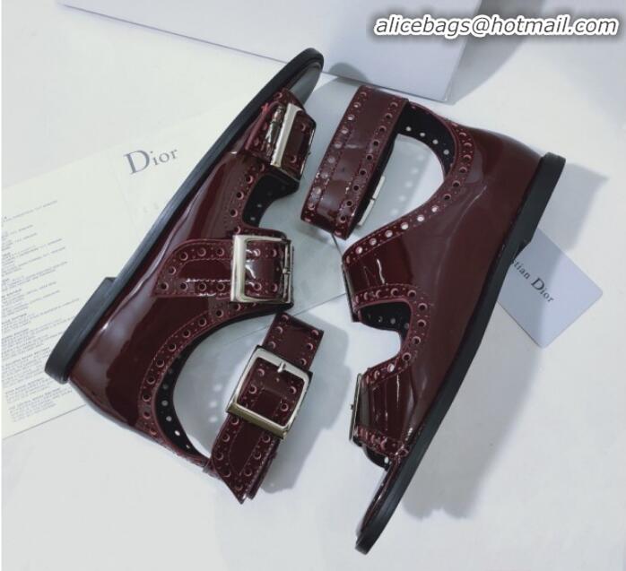 Best Price Dior Perforated Leather Buckle Strap Flat Sandals G22343 Burgundy