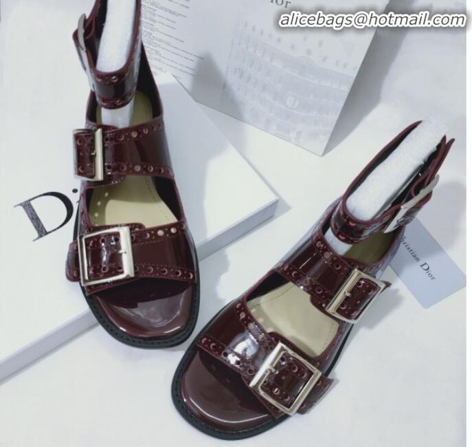 Best Price Dior Perforated Leather Buckle Strap Flat Sandals G22343 Burgundy