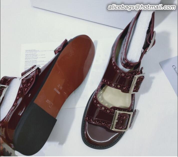 Best Price Dior Perforated Leather Buckle Strap Flat Sandals G22343 Burgundy