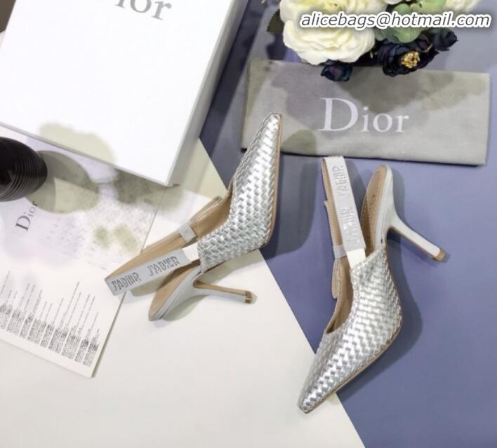 Low Price Dior J'Adior Slingback Flat Pumps in Braided Metallic Silver Lambskin G23122 2020