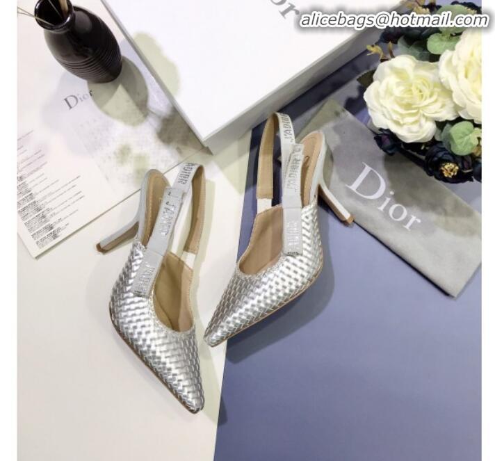 Low Price Dior J'Adior Slingback Flat Pumps in Braided Metallic Silver Lambskin G23122 2020