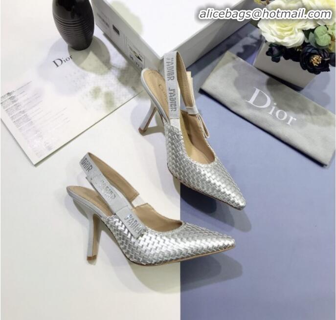 Low Price Dior J'Adior Slingback Flat Pumps in Braided Metallic Silver Lambskin G23122 2020