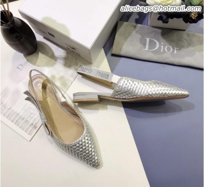 Low Cost Dior J'Adior Slingback Flat Pumps in Braided Metallic Silver Lambskin G23124 2020