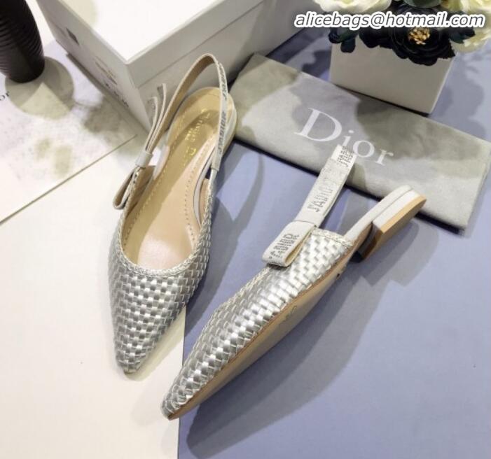 Low Cost Dior J'Adior Slingback Flat Pumps in Braided Metallic Silver Lambskin G23124 2020