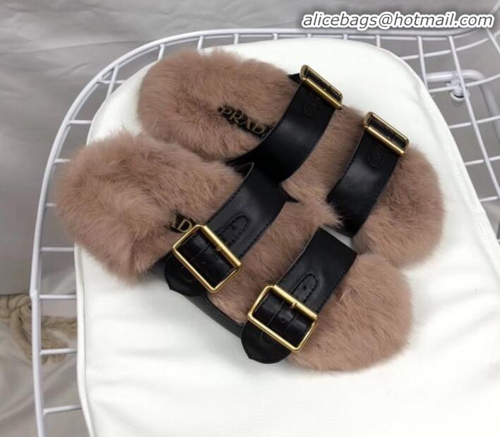 Classic Prada Calfskin Slipper With Rabbit Hair G10360 Black