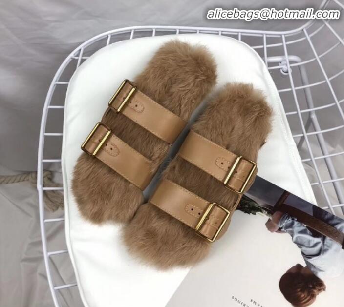 Grade Prada Calfskin Slipper With Rabbit Hair G10360 Apricot 