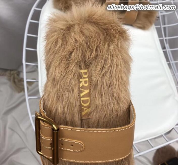 Grade Prada Calfskin Slipper With Rabbit Hair G10360 Apricot 