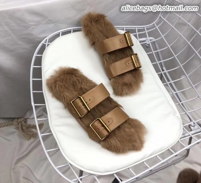 Grade Prada Calfskin Slipper With Rabbit Hair G10360 Apricot 