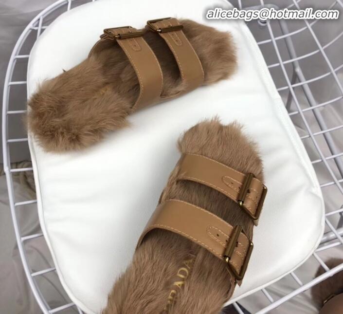 Grade Prada Calfskin Slipper With Rabbit Hair G10360 Apricot 