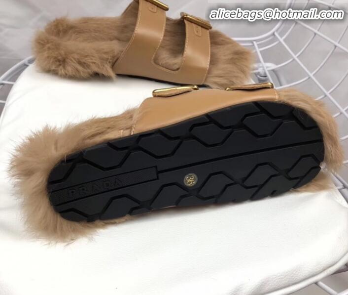 Grade Prada Calfskin Slipper With Rabbit Hair G10360 Apricot 