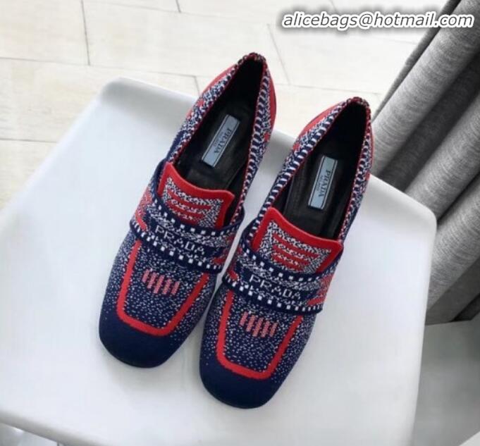 Discount Prada Knit Fabric Loafers 1D194L Blue/Red 2020