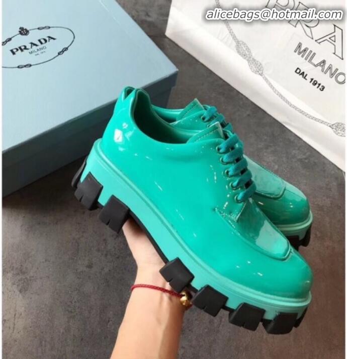 Low Cost Prada Monolith Patent Leather Derby Platform Lace up Shoe 80206 Green