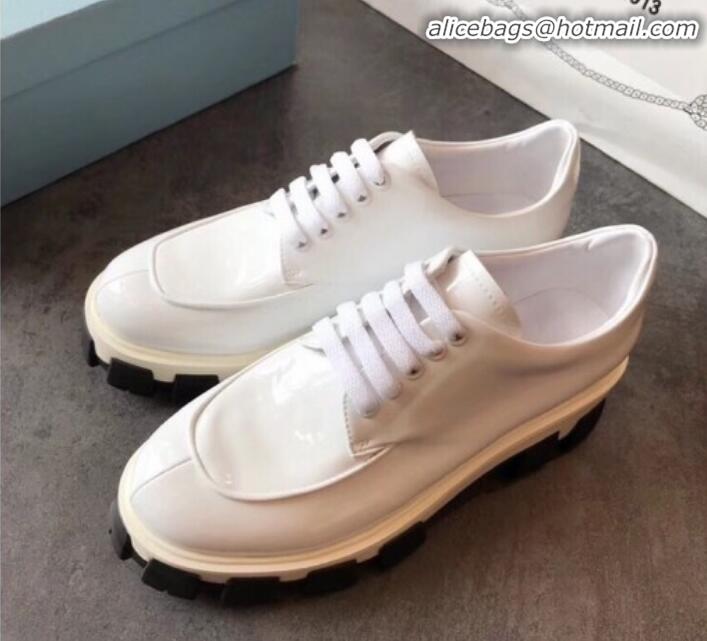 Low Price Prada Monolith Patent Leather Derby Platform Lace up Shoe 80206 White 2020