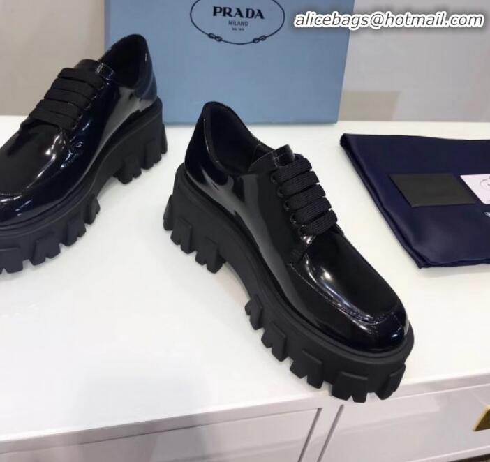 Top Grade Prada Patent Calfskin Lace-up Platform Loafers G90958 Black