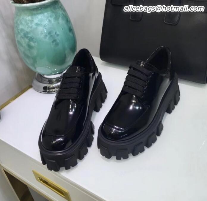 Top Grade Prada Patent Calfskin Lace-up Platform Loafers G90958 Black