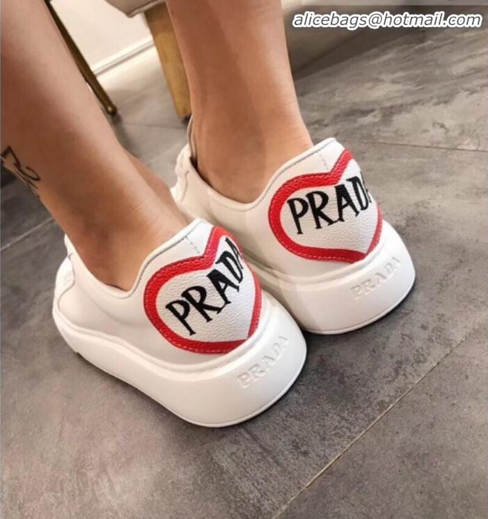 Luxury Discount Prada Calfskin Logo Back Sneakers P91907 White