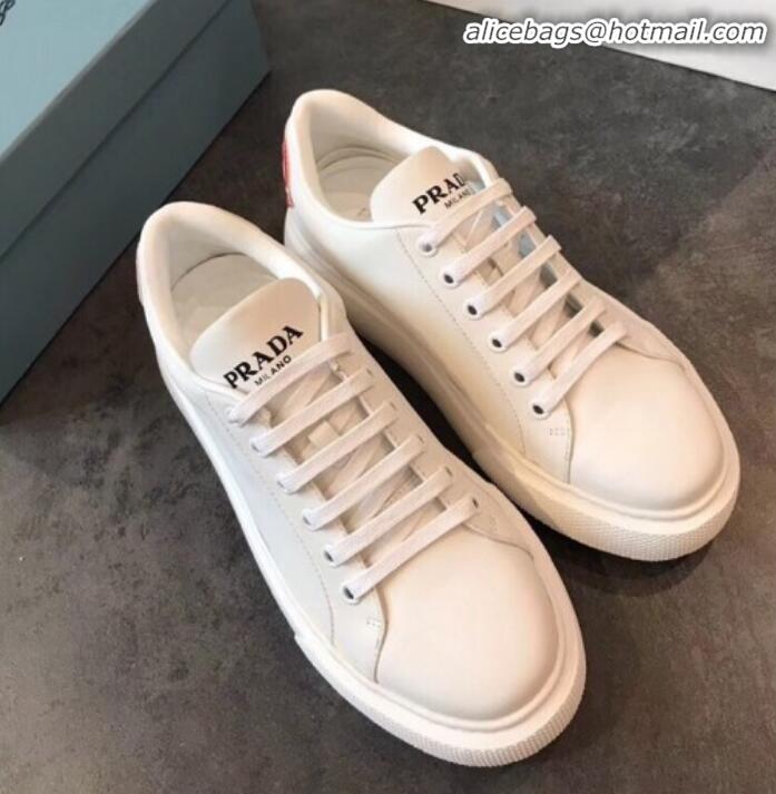 Luxury Discount Prada Calfskin Logo Back Sneakers P91907 White