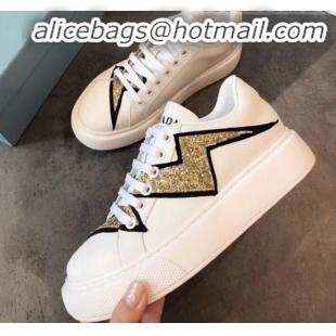 Top Quality Prada Calfskin Glitter Lightning Sneakers P91907 White/Gold