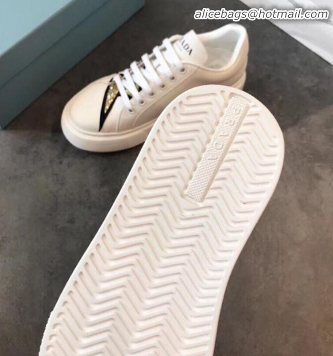 Top Quality Prada Calfskin Glitter Lightning Sneakers P91907 White/Gold