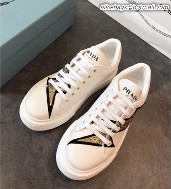 Top Quality Prada Calfskin Glitter Lightning Sneakers P91907 White/Gold