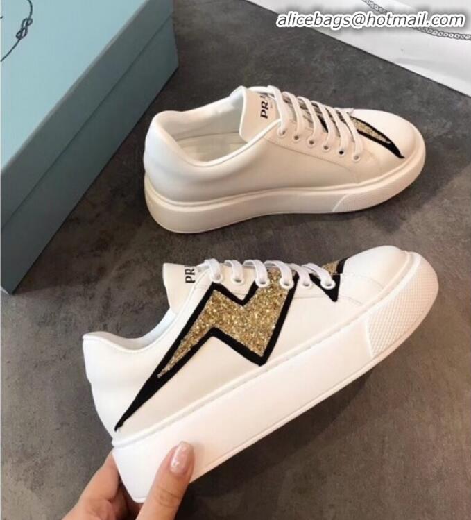 Top Quality Prada Calfskin Glitter Lightning Sneakers P91907 White/Gold