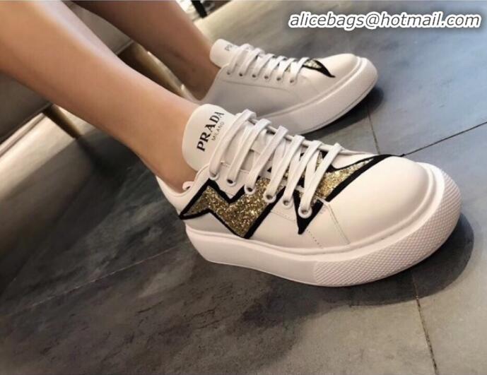 Top Quality Prada Calfskin Glitter Lightning Sneakers P91907 White/Gold