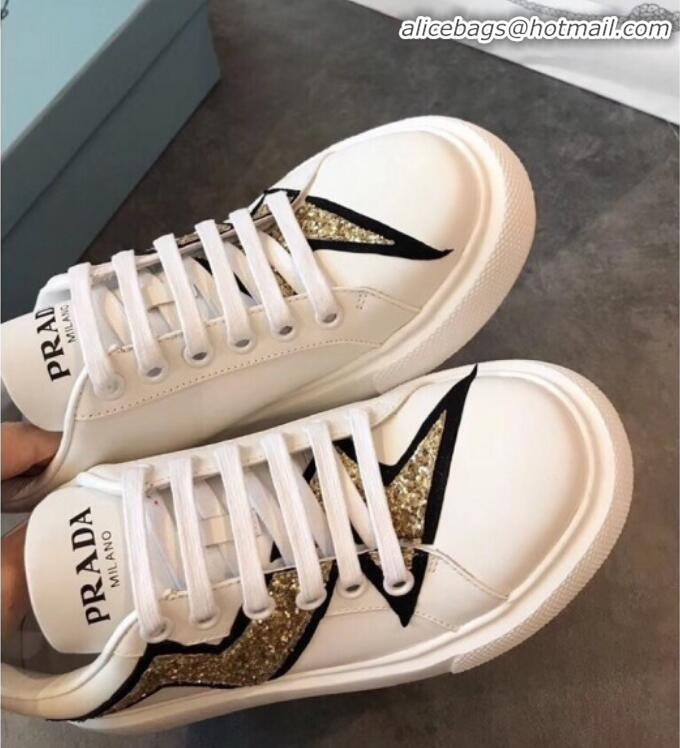 Top Quality Prada Calfskin Glitter Lightning Sneakers P91907 White/Gold