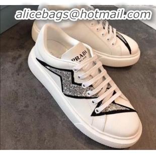 Well Crafted Prada Calfskin Glitter Lightning Sneakers P91907 White/Silver