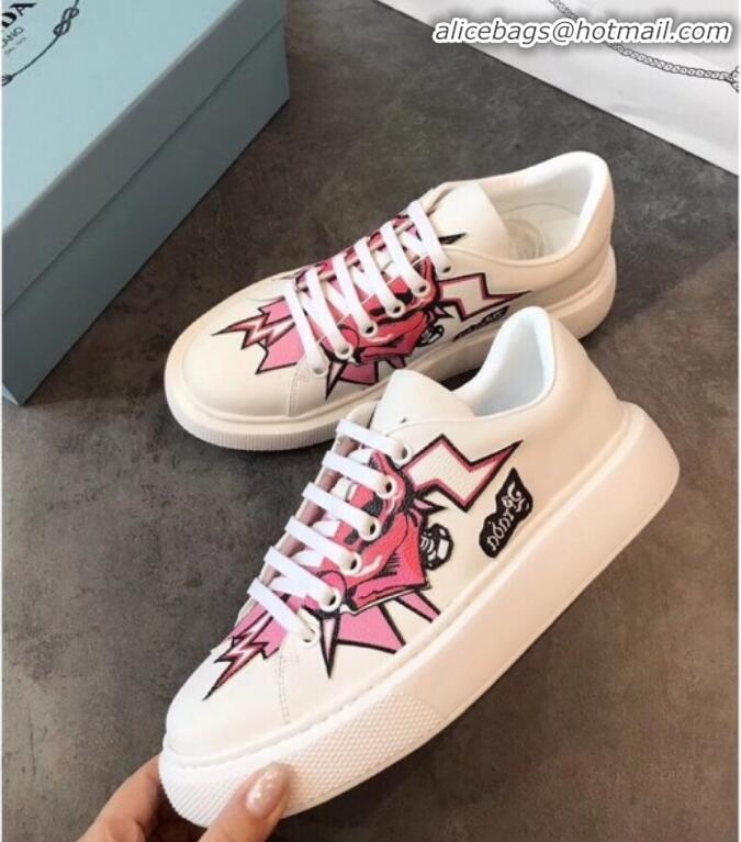 Top Sale Prada Calfskin Glitter Lightning Sneakers P91907 White/Pink