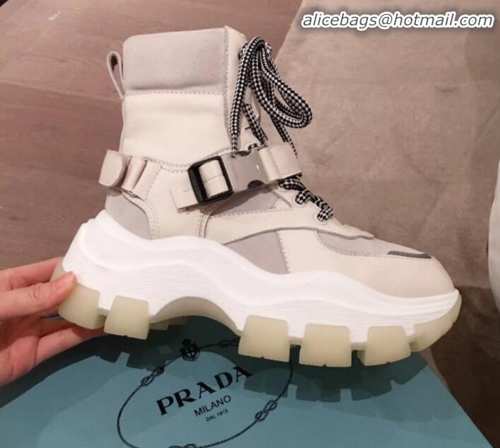 Low Price Prada Leather Buckle Sneaker Boots P01240 White 2020